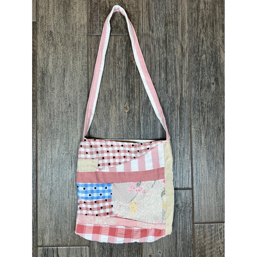 Patchwork style Tote Bag Shoulder Bag Pink Floral Gingham Unique‎ Purse